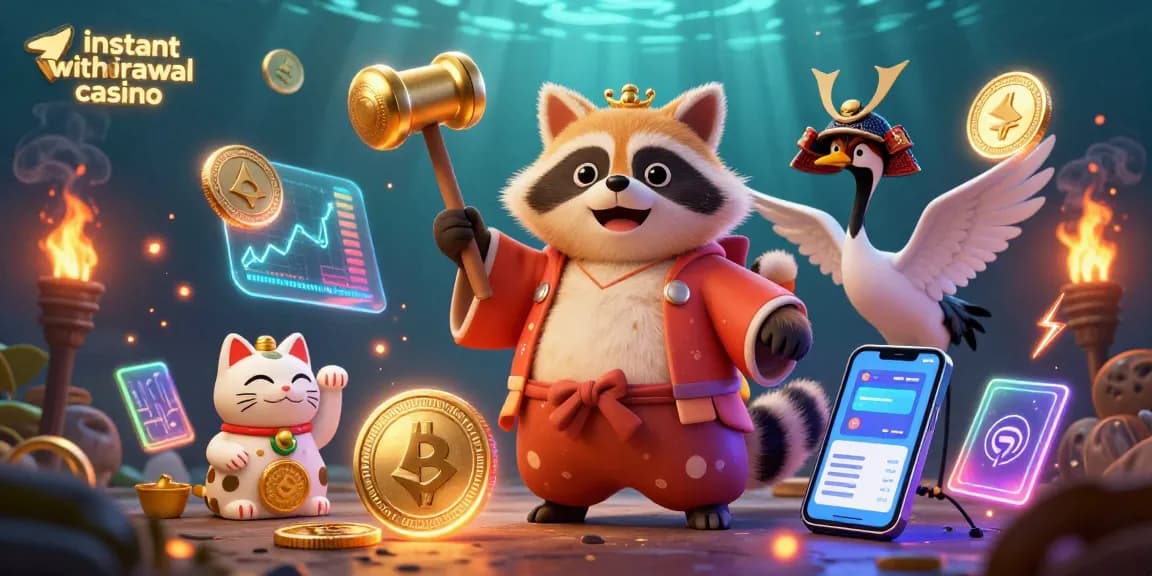 Engage in thrilling rewards at this vibrant instant withdrawal casino, featuring crypto elements and animated characters.