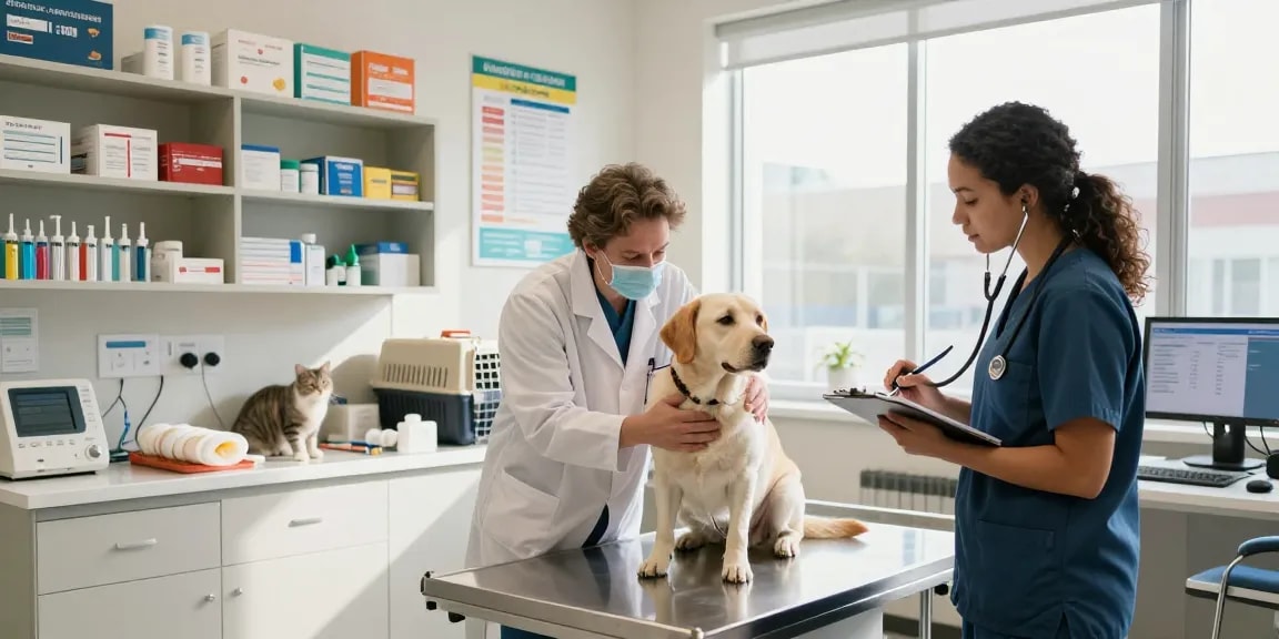 Veterinary medical supplies Canada showcased in a bustling clinic with veterinarians and pets.