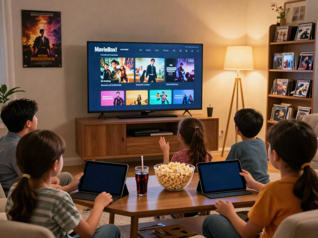Family enjoying a movie night with MovieBox app on TV, showcasing cozy atmosphere.