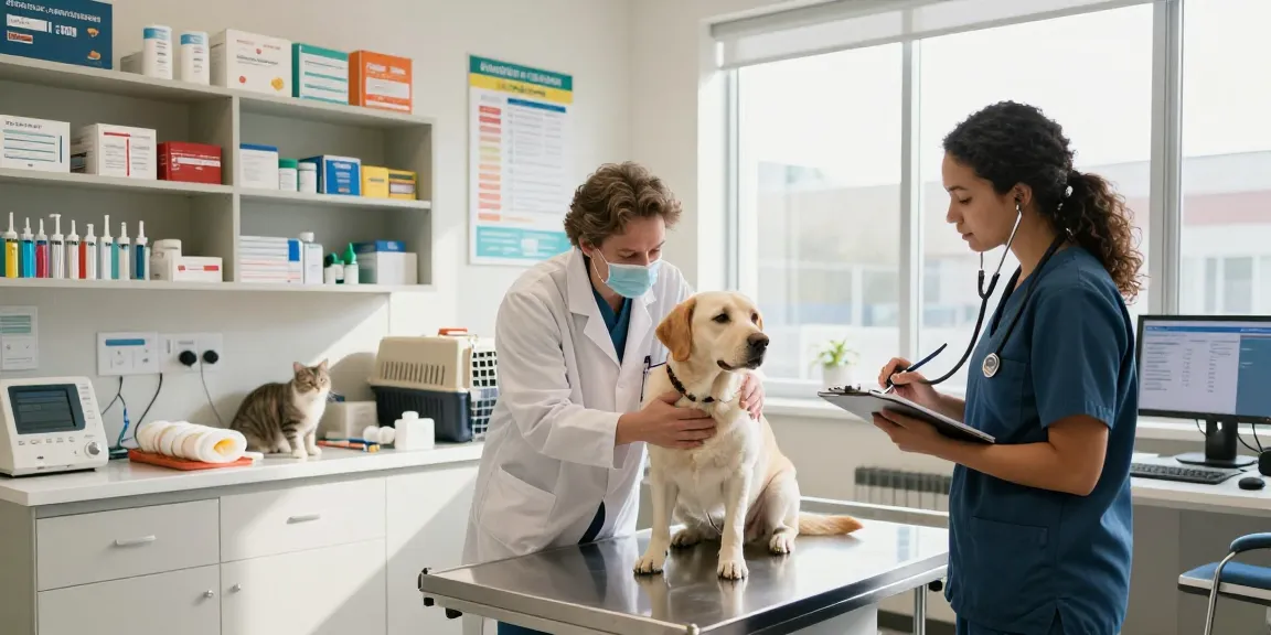Veterinary medical supplies Canada showcased in a bustling clinic with veterinarians and pets.