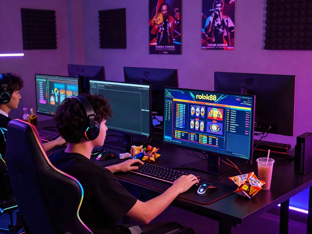 Player immersed in a thrilling rokok88 slot game with vibrant graphics in a modern gaming setup.