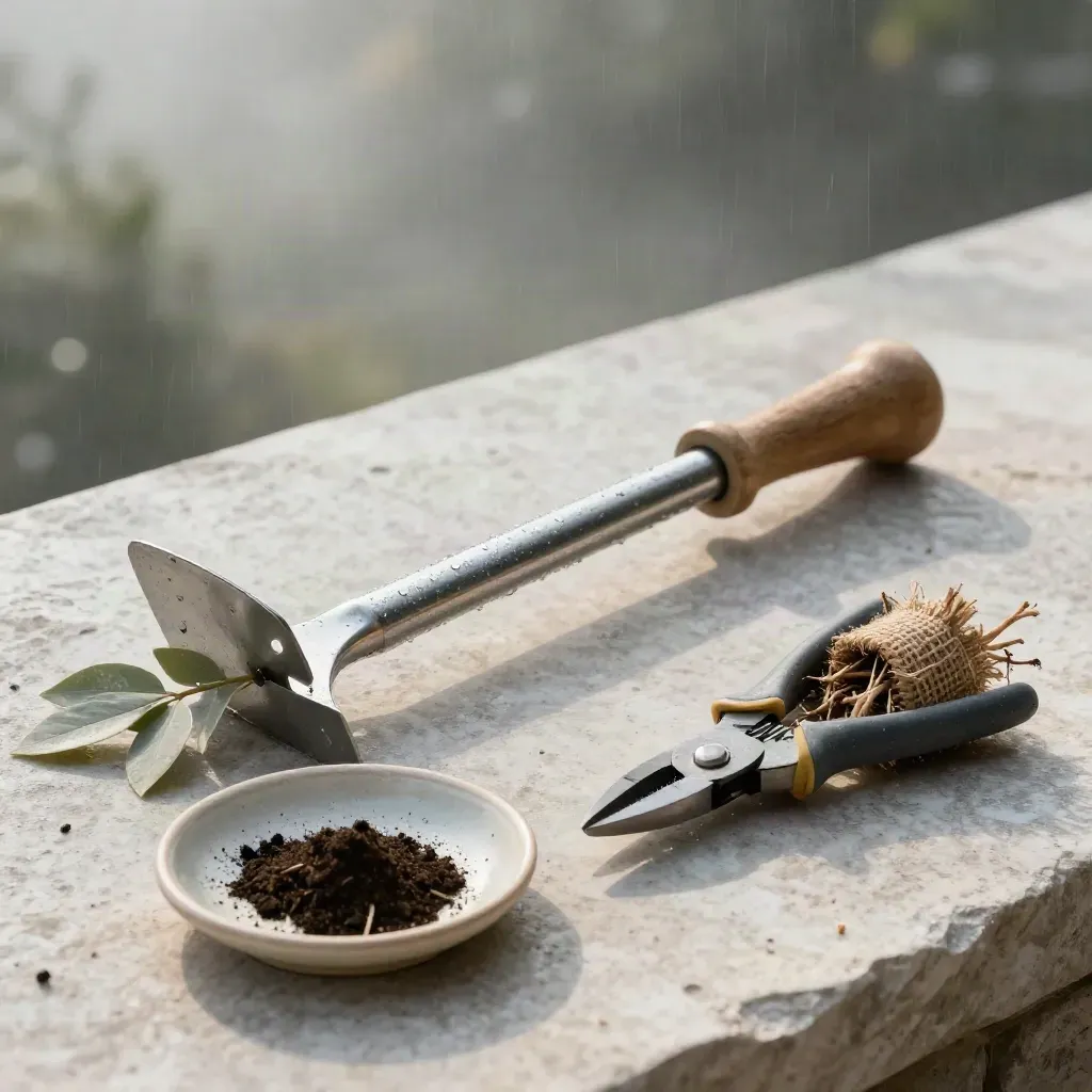 Soil auger, pruners, cedar sprig, and sample dish on pale stone in rainy dawn light.