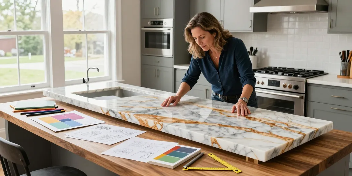 Custom quartz kitchen countertops in Hamilton crafted by a designer in a modern kitchen, showcasing stylish materials and warm lighting.