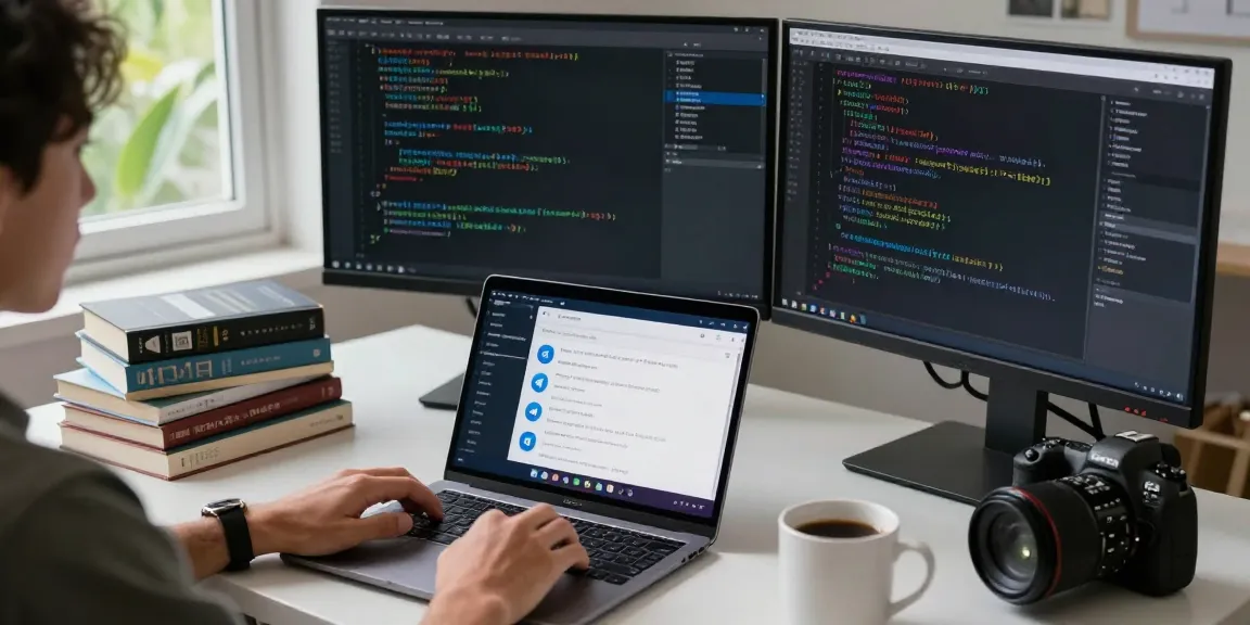 Setting up Telegram Chinese language packs in a tech workspace with screens showing translations.