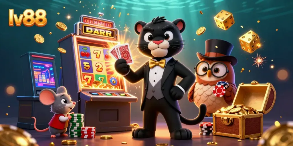 Experience thrilling gameplay at lv88 with a stunning 3D illustration featuring a black panther dealer, lucky owl, and playful mouse.