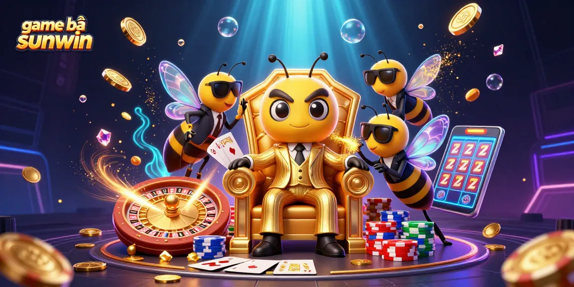 Engage in the game bài sunwin with a vibrant 3D casino scene featuring golden coins, cards, and slots.